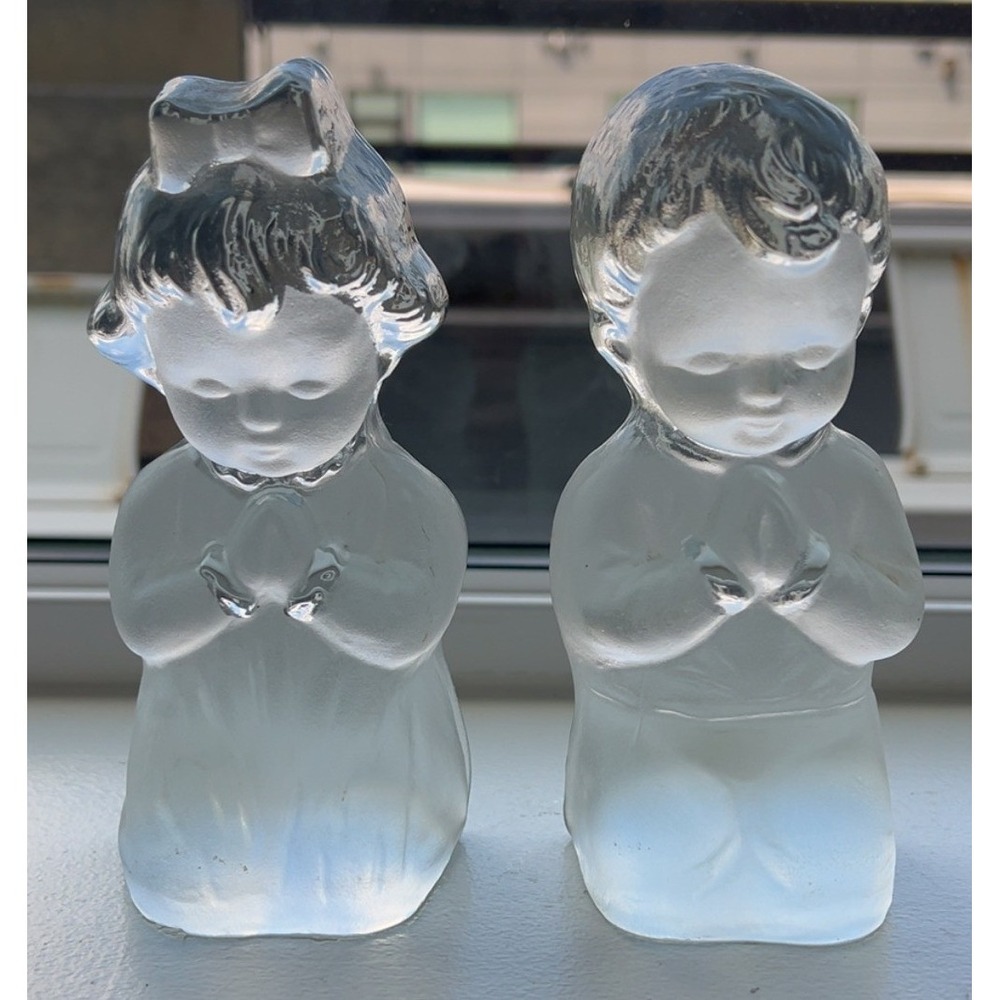 VIKING Glass Vintage Praying Girl & Boy Figurines Bookends | Mid Century Modern